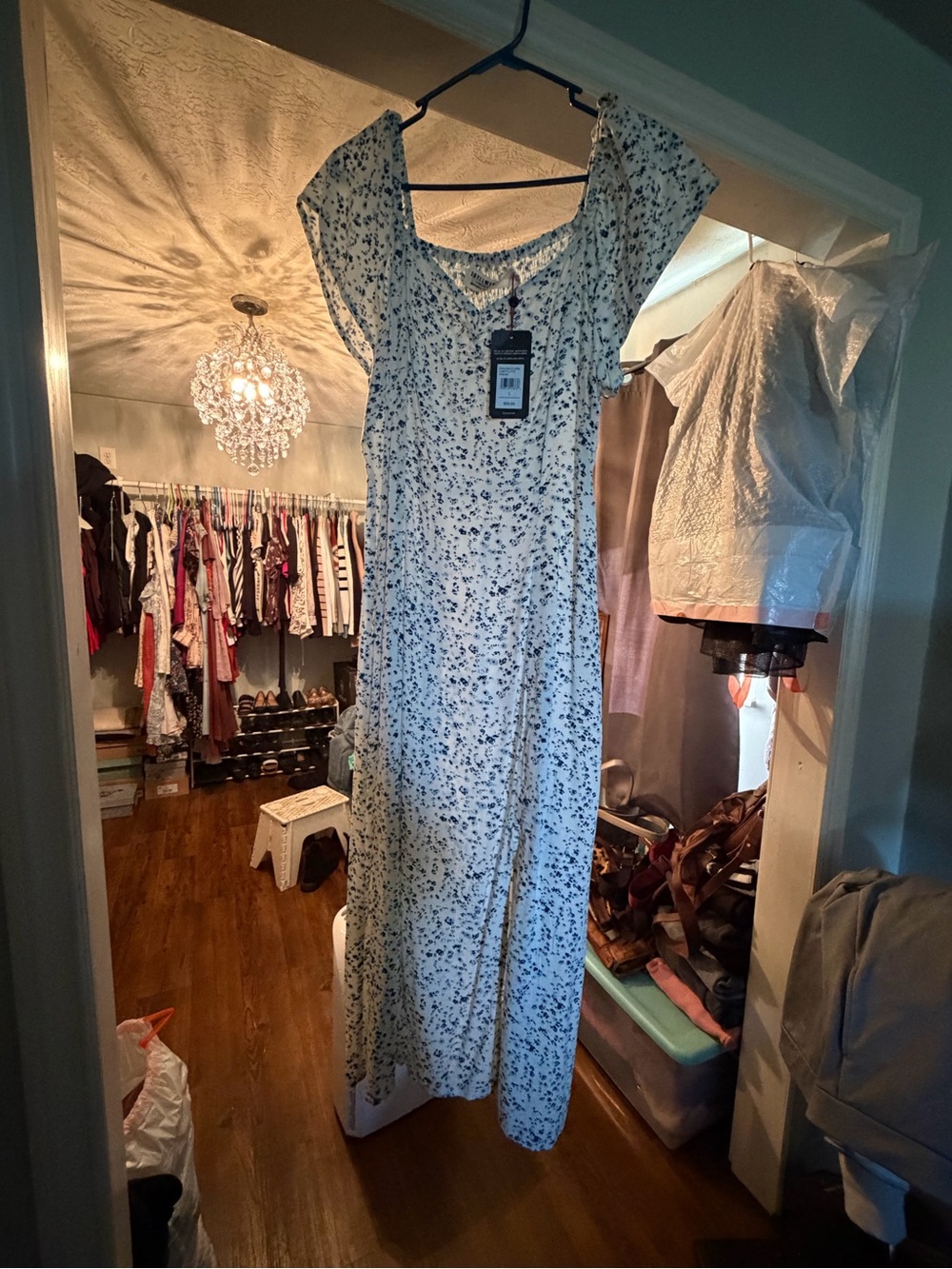 Idyllwind White Maxi Dress with Blue Floral Print